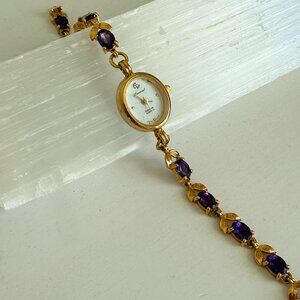Vintage Lucoral Diamond Quartz Gold Tone Purple Amethyst Gemstone Women's Watch